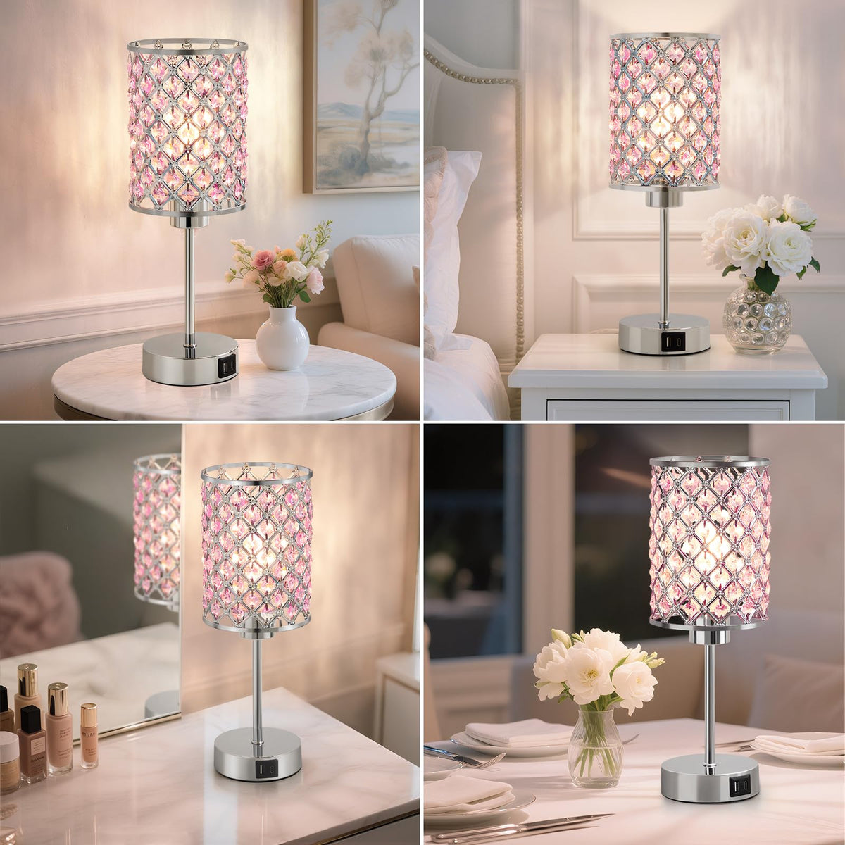 Pink Crystal Bedside Table Lamps Set of 2 with USB C+A Ports