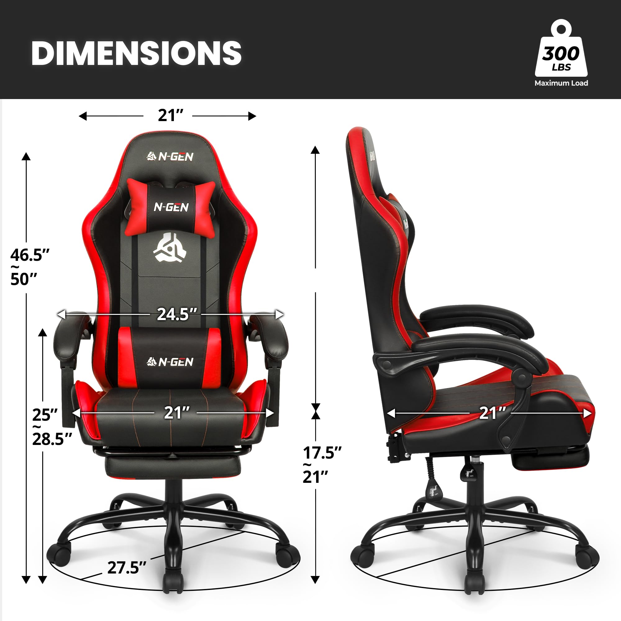 Gaming Chair with Footrest Lumbar Support for Home Office High Back Recliner Height Adjustable Ergonomic Comfy Leather Computer Desk Chair (Red)