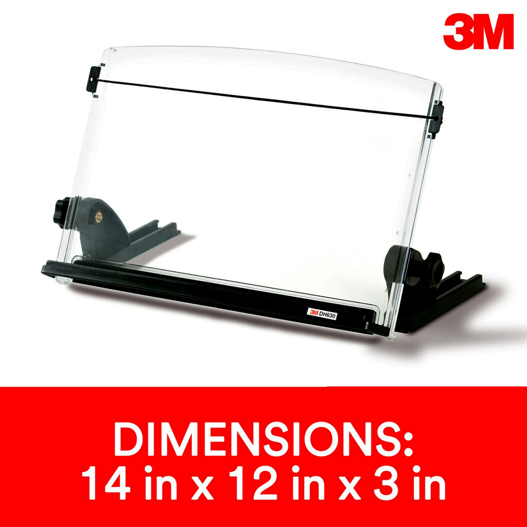 Adjustable Document Copy Holder, Inline with Monitor Minimizing Head and Neck Movement, 150 Capacity Holds Sheets to Books, Elastic Guide Keeps Pages Open, 14" Wide, Black (DH630) - Black/Clear