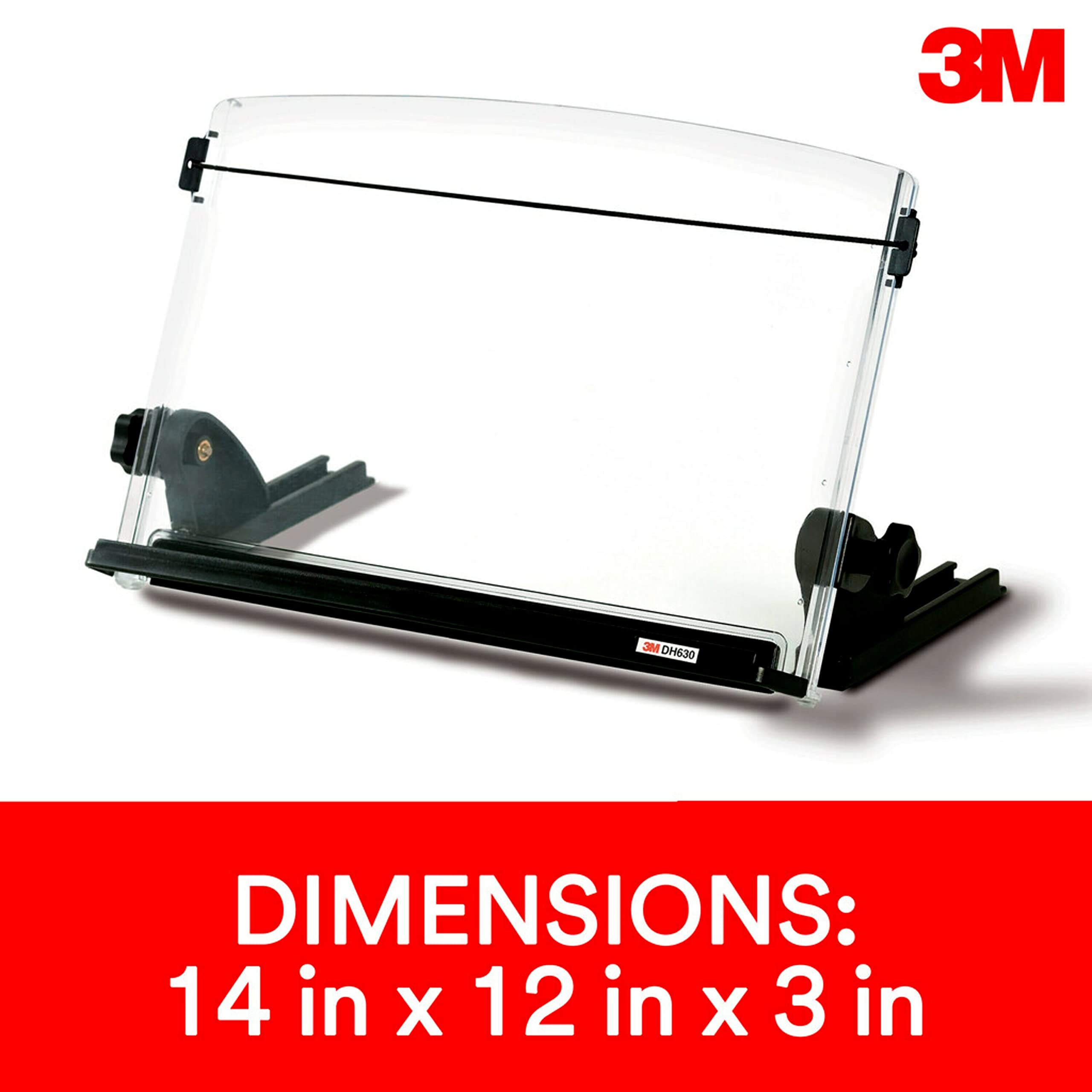 Adjustable Document Copy Holder, Inline with Monitor Minimizing Head and Neck Movement, 150 Capacity Holds Sheets to Books, Elastic Guide Keeps Pages Open, 14" Wide, Black (DH630) - Black/Clear