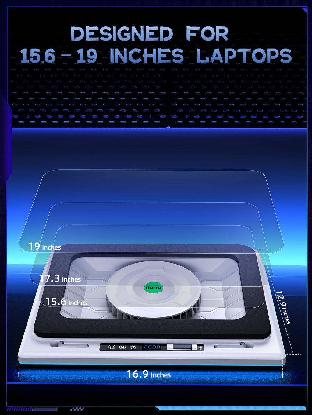 RGB Laptop Cooling Pad, White, Powerful Turbofan, Quiet Cooling, Touch Control, LCD Screen, Seal Foam, 15-19in Laptops