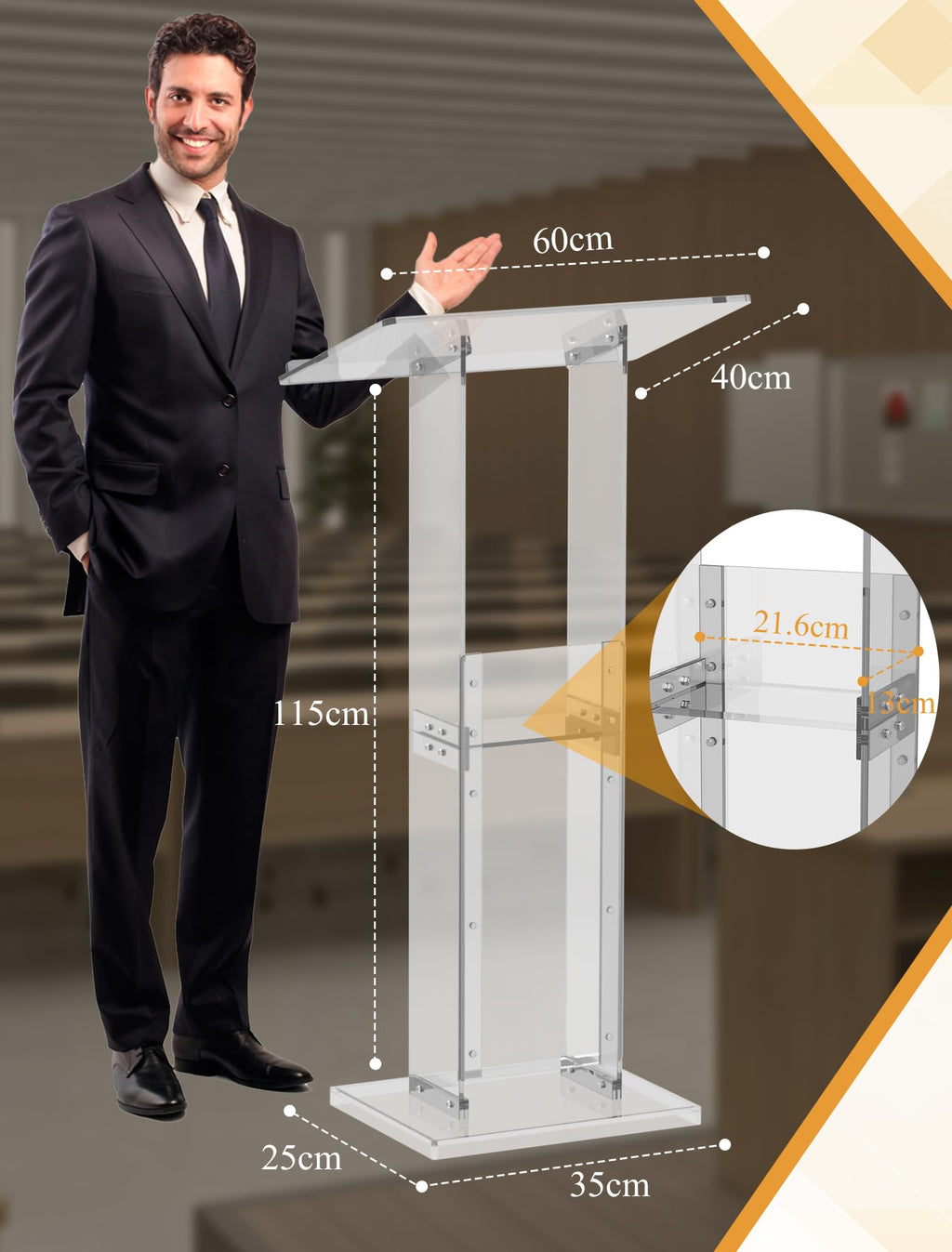 Acrylic Podium Stand with Storage Shelf, 45.5" Modern Clear Lectern with Reading Platform for Classroom, Weddings, Conference, Concert, Professional Presentation Podiums