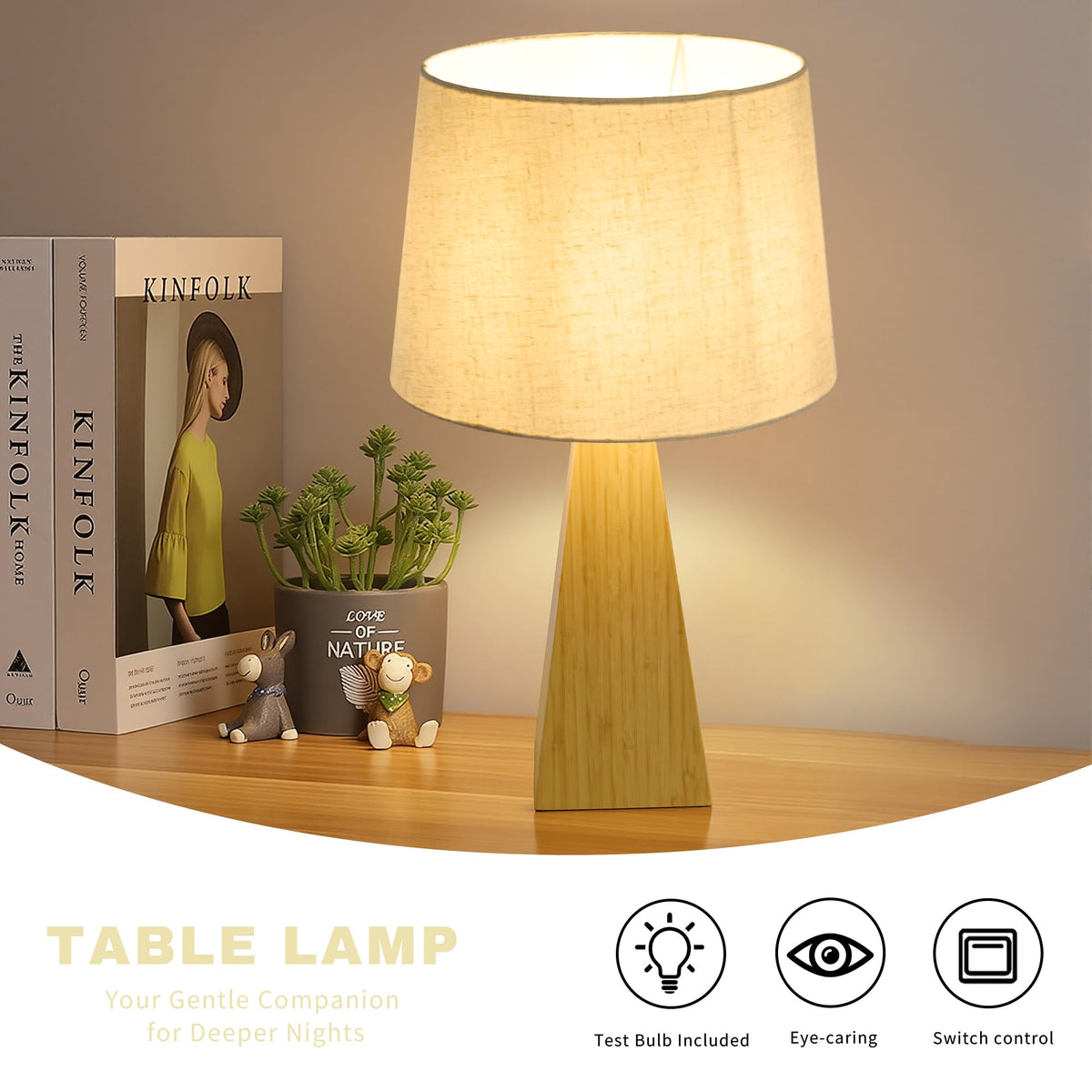20.3" Bamboo Table Lamp, Dimmable Bedside Lamp for Bedroom Decor