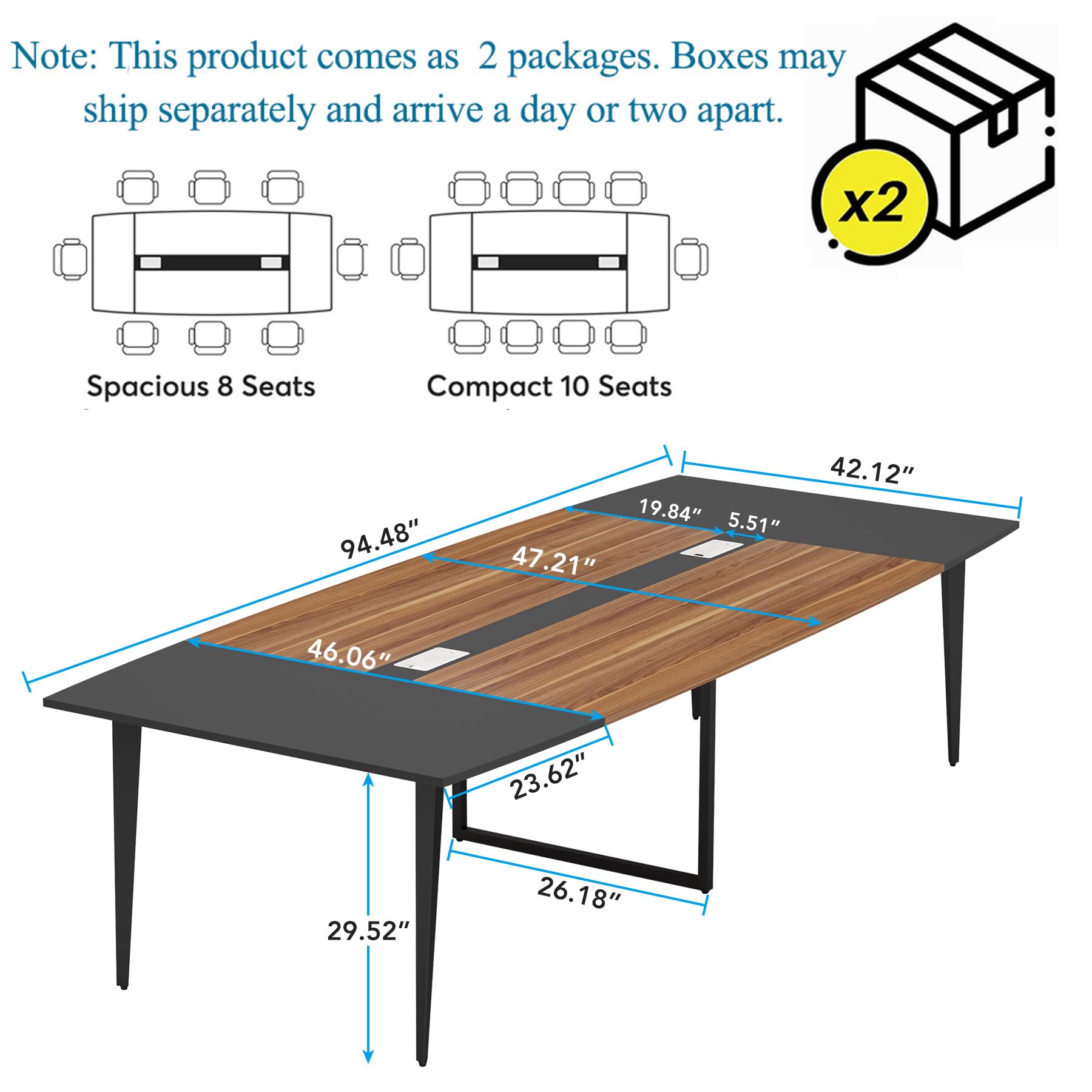8FT Conference Table, 94.48L x 47.24W x 29.52H Inches Boat Shaped Meeting Table with Rectangle Grommet, Modern Seminar Boardroom Table for Office Conference Room (8ft, Walnut & Black)