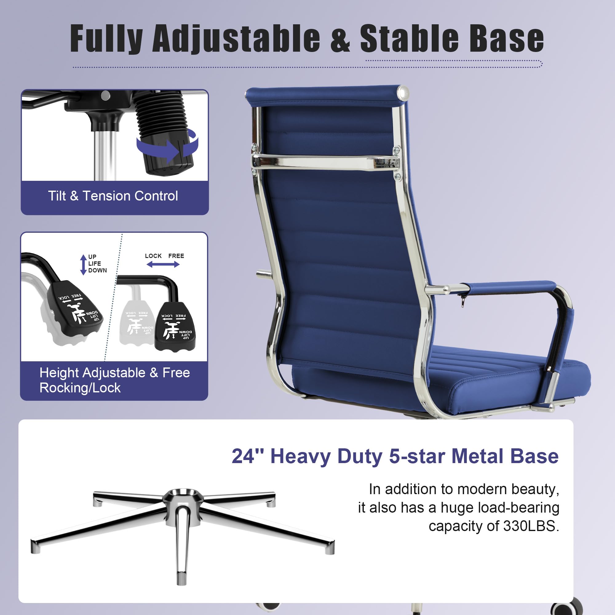 Navy Blue Office Desk Chair, Ergonomic Leather Modern Conference Room Chairs, Executive Ribbed Height Adjustable Swivel Rolling Chair for Home Office.