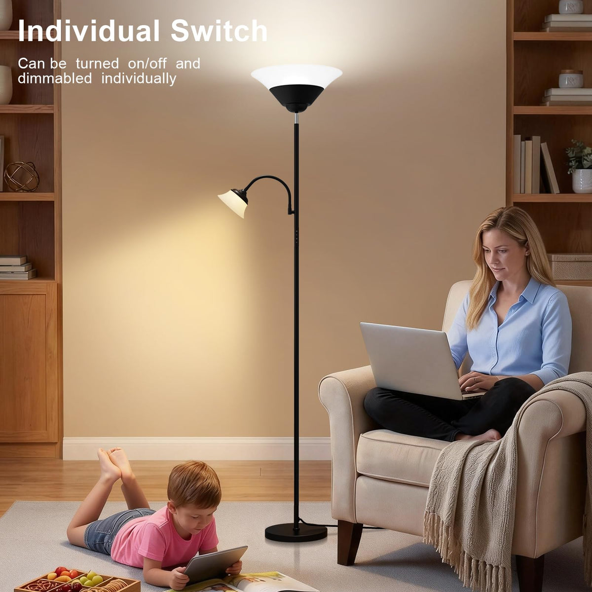 2-in-1 Torchiere Floor Lamp, 34W Super Bright LED Standing Lamp with Remote & Touch Control, 72" Dimmable Adjustable Corner Reading Lamp for Living Room, Bedroom, Office, Black