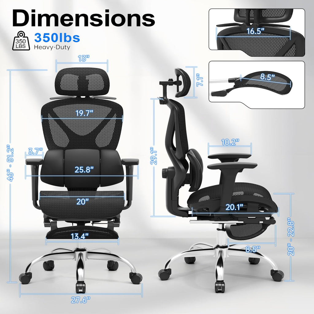 Ergonomic Mesh Office Chair, Home Desk Chair with Adjustable Lumbar Support, 3D Headrest and Armrests, Reclining Big and Tall High Back Computer Gaming Chair for Man Women, 350lbs, Black