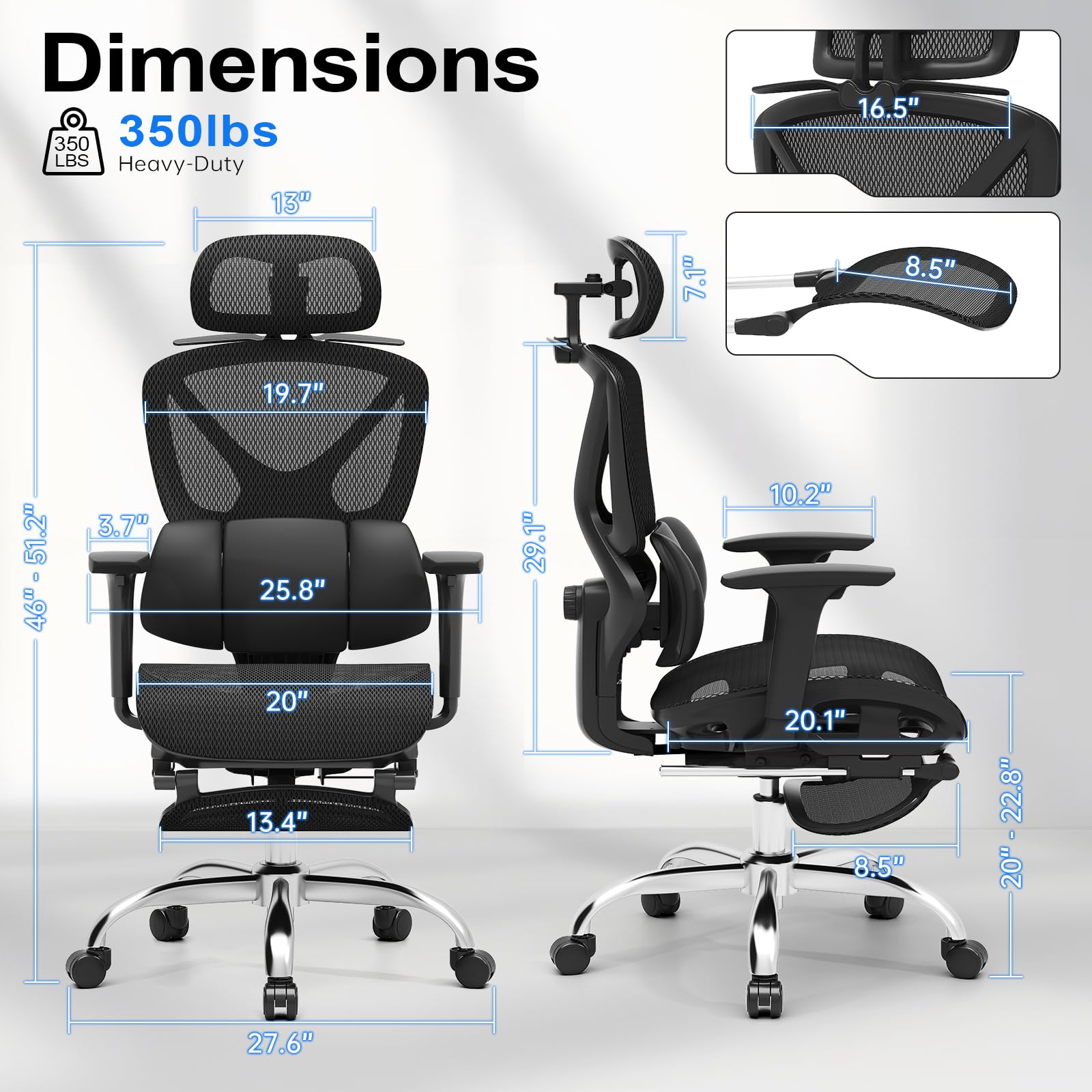 Ergonomic Mesh Office Chair, Home Desk Chair with Adjustable Lumbar Support, 3D Headrest and Armrests, Reclining Big and Tall High Back Computer Gaming Chair for Man Women, 350lbs, Black