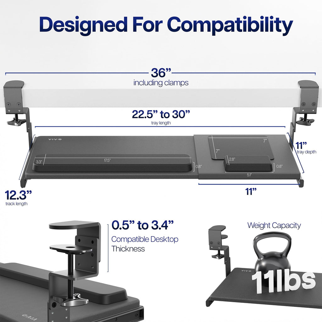 Large Height and Width Adjustable Under Desk Keyboard Tray, C-clamp Mount System, 22.5” to 30” (28.5” to 36” Including Clamps) x 11 inch Slide-Out Platform for Typing, Black