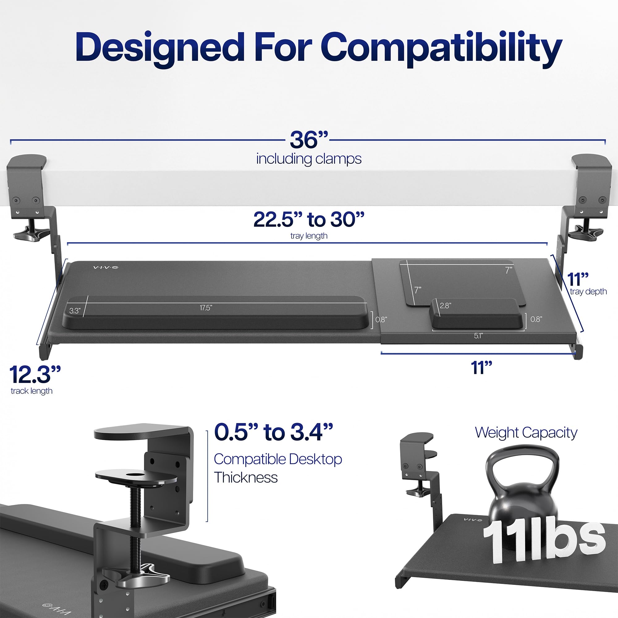 Large Height and Width Adjustable Under Desk Keyboard Tray, C-clamp Mount System, 22.5” to 30” (28.5” to 36” Including Clamps) x 11 inch Slide-Out Platform for Typing, Black