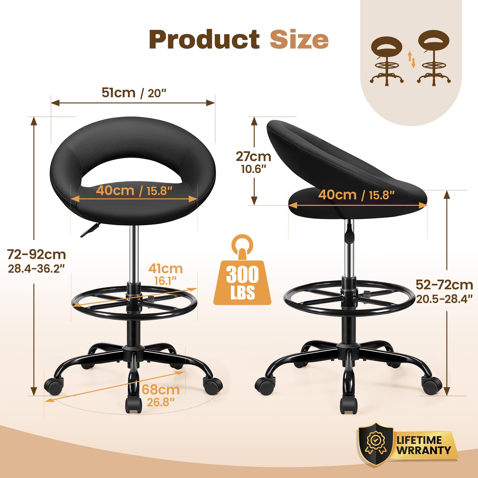Office Drafting Chair - Bar Stools with Back Support, Adjustable Foot Rest and Wheels, Shop Rolling Swivel Chair for Standing Desk Counter Kitchen Salon Home Vanity, Black