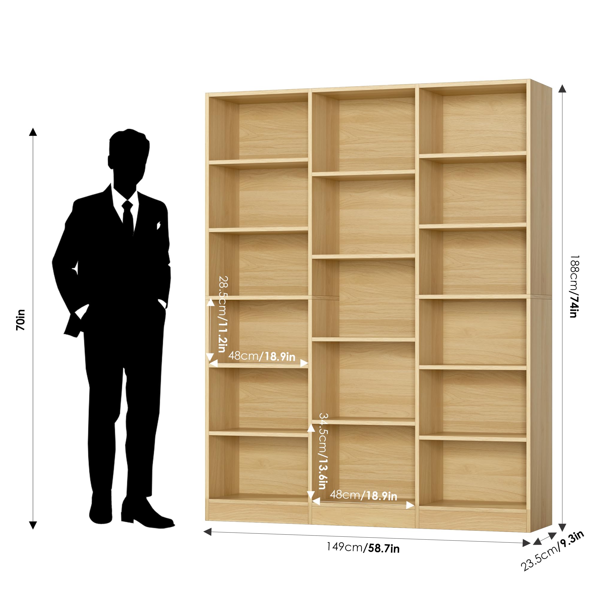 Triple Wide Bookshelf, Large Bookshelf with 17 Display Shelves