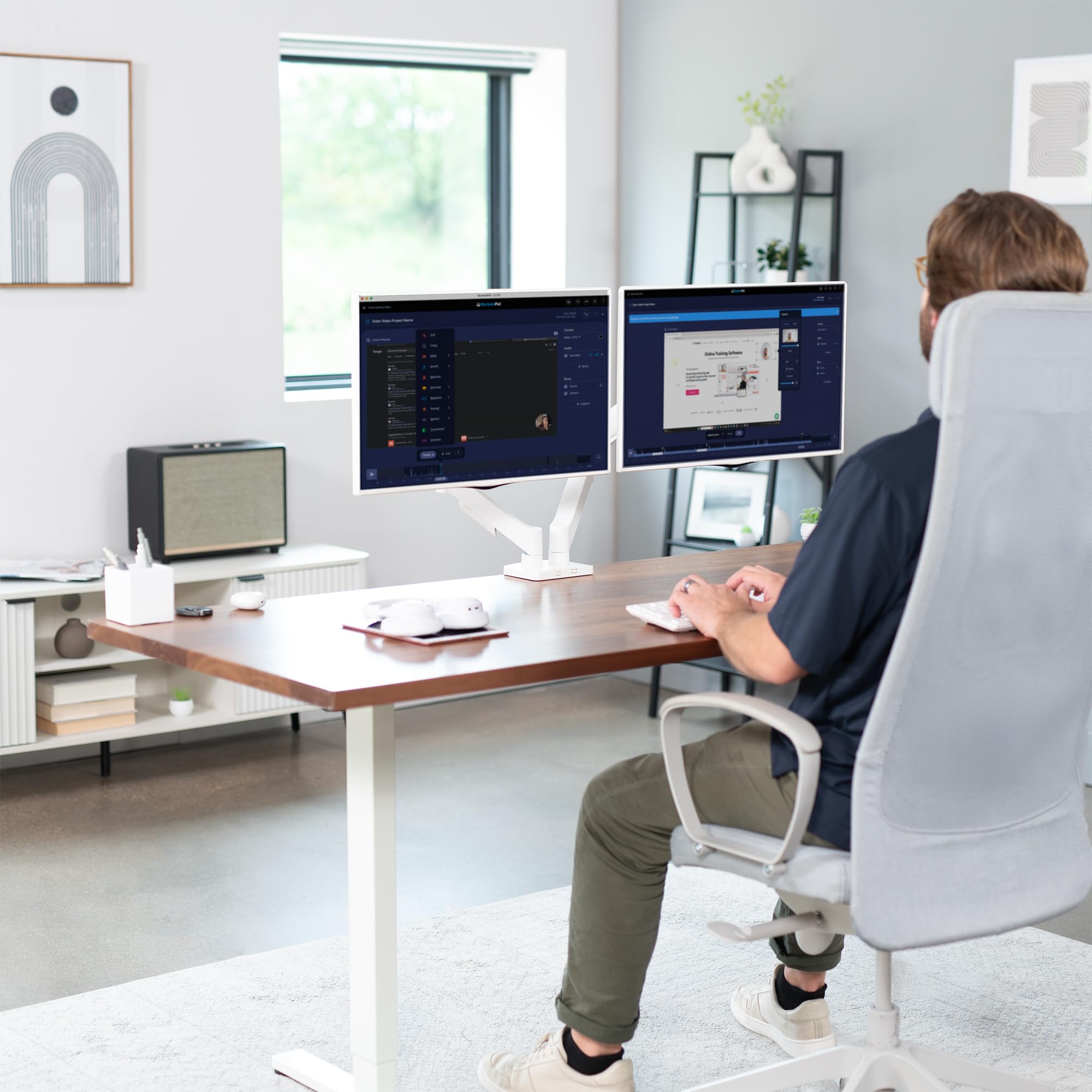 Dual Monitor Stand, Fully Adjustable Arms for 17 to 32 inch Screens, Mechanical Articulating Desk Mount, Gaming and Office Setups, VESA 75x75, 100x100, Max 19.8 lbs, Classic, White, STAND-V002OW