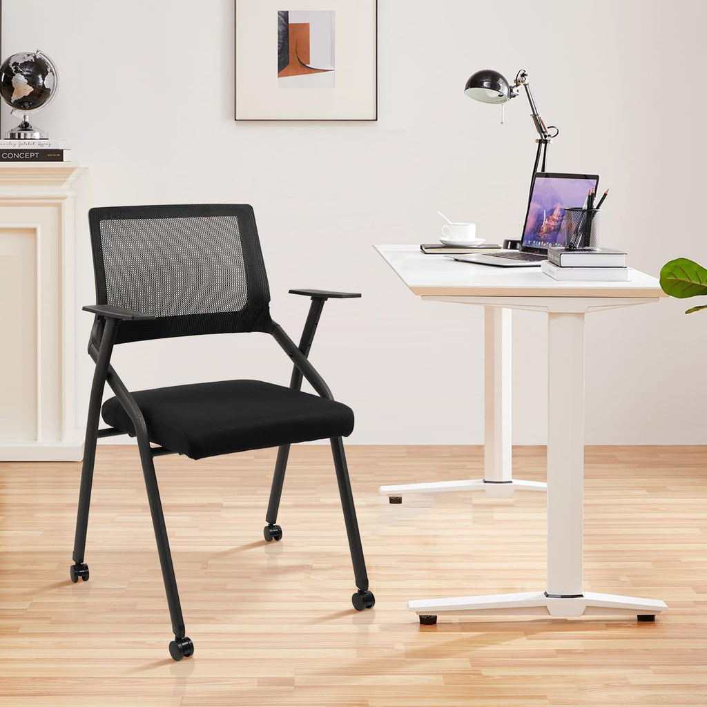 Ergonomic Stackable & Foldable Conference Room Chairs, Mesh Office Chair with Arms and Wheels for Office Waiting Room Meeting Lobby Church School Receptions and Training Black
