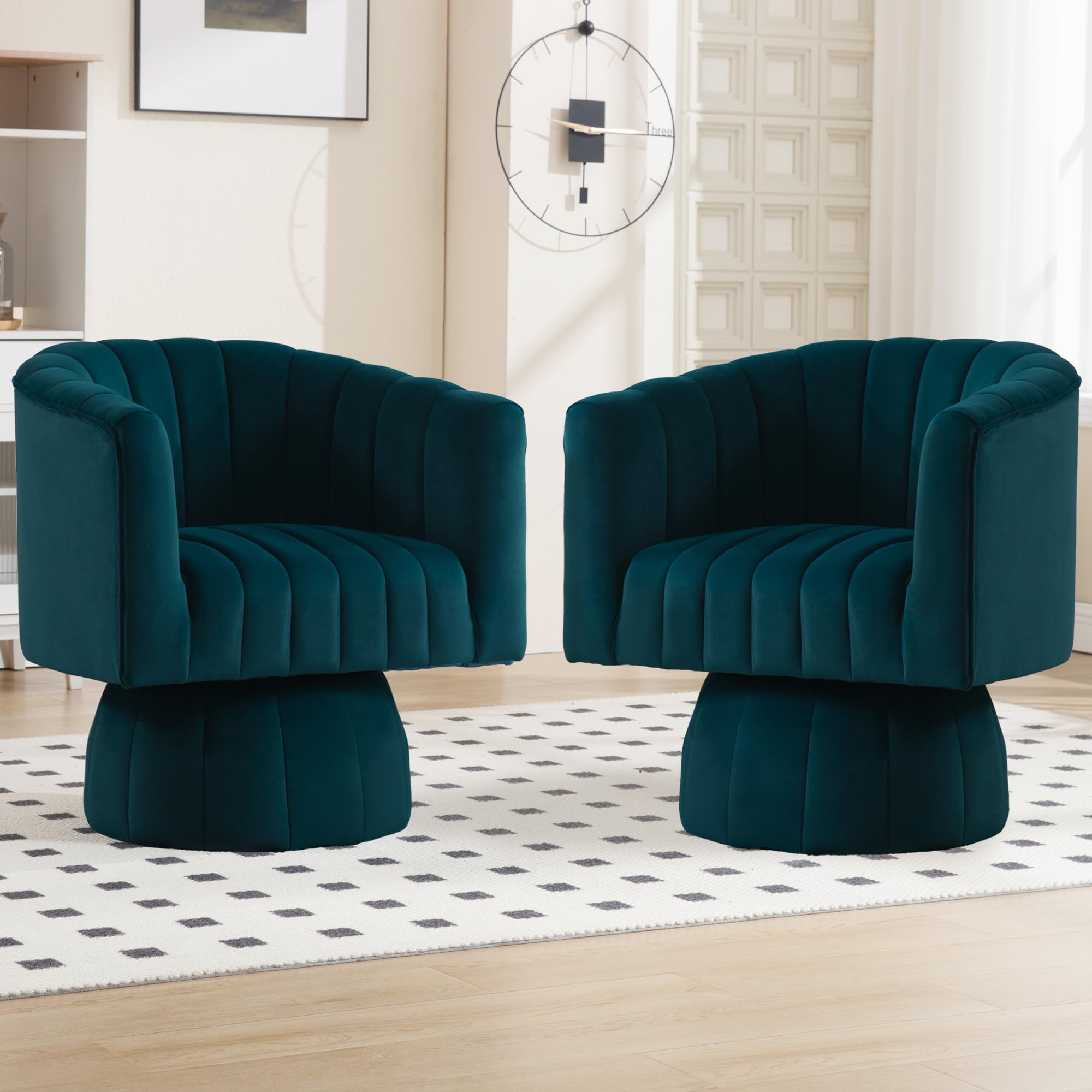 Swivel Accent Barrel Chair Set of 2- Cute Comfy Small Round 360° Arm Chair Velvet Sofa Club Reading Chair for Office Living Room Bedroom Green