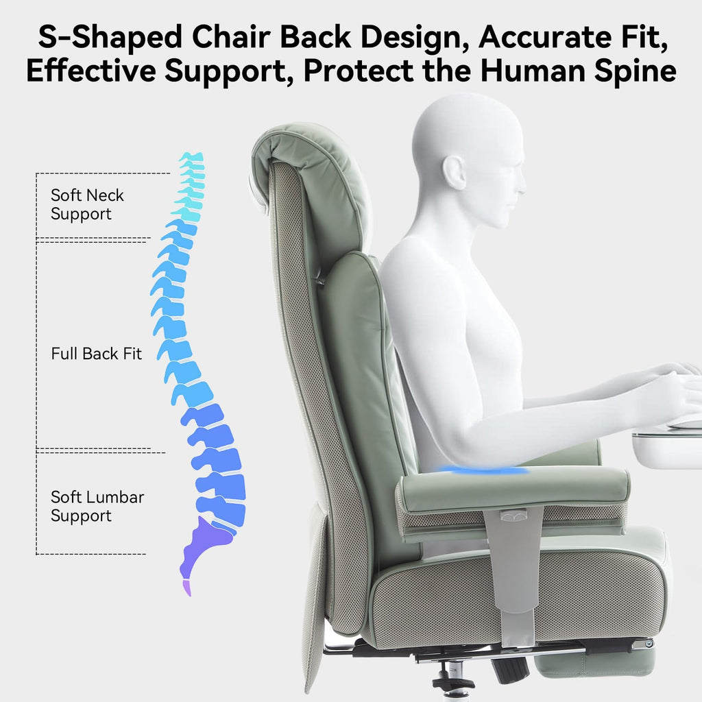 Big and Tall Office Chair 400lbs - Heavy Duty Executive Desk Chair with Foot Rest & 23" Wide Seat - High Back Ergonomic Leather Computer Chair for Heavy People, Home Office, Green