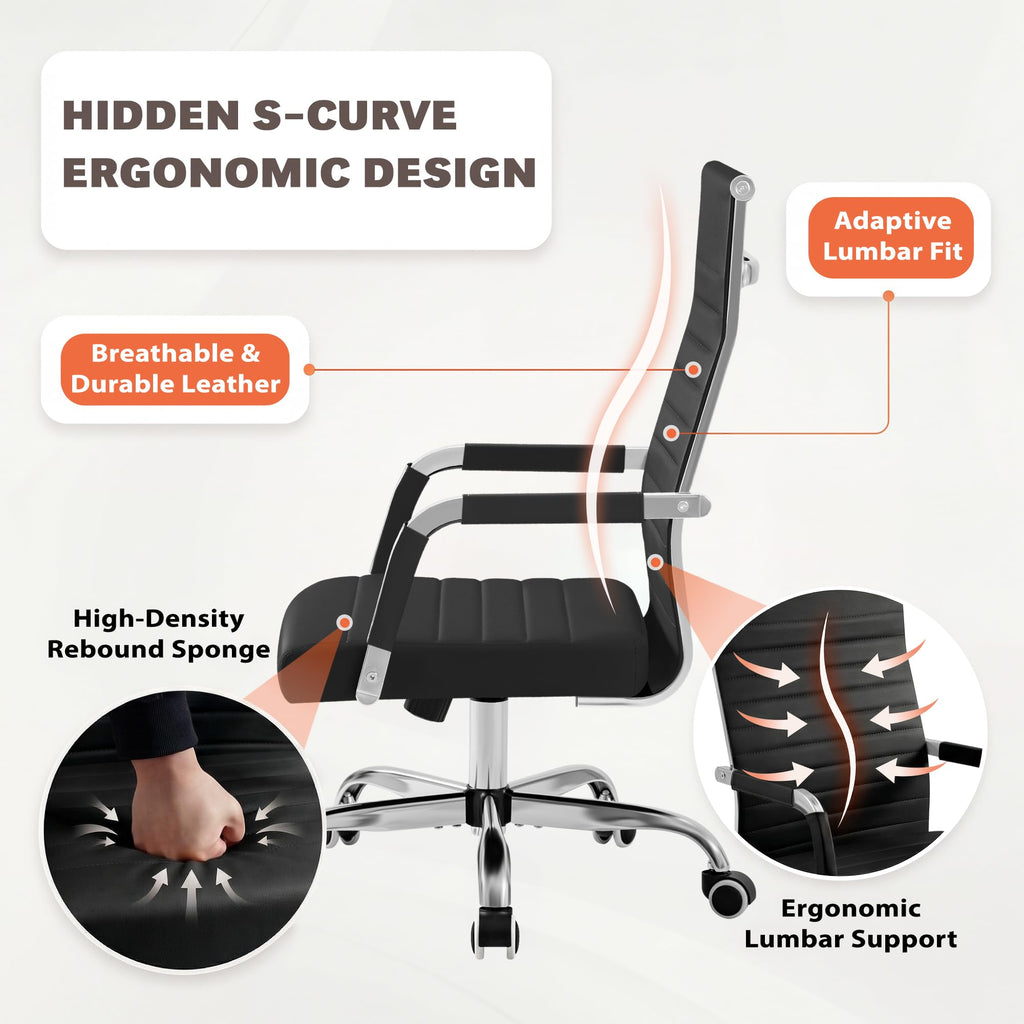 Ergonomic Office Desk Chair, Executive Ribbed Mid-Back PU Leather Conference Room Chair Adjustable Swivel Chair with Arms (1, Black)