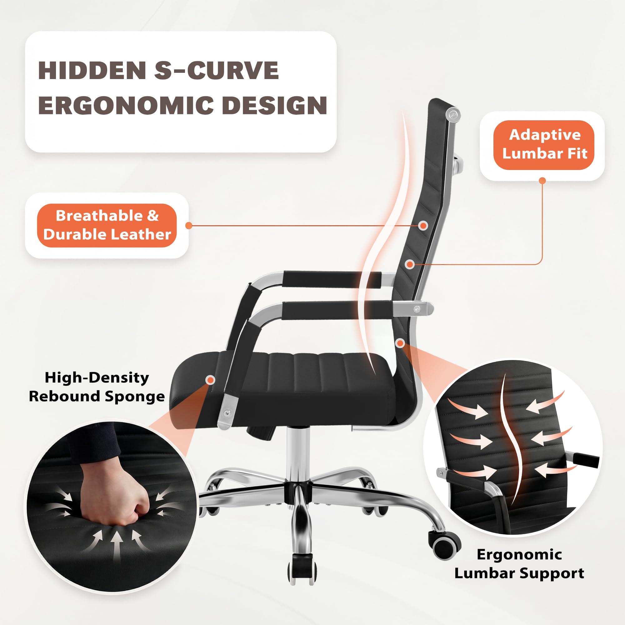 Ergonomic Office Desk Chair, Executive Ribbed Mid-Back PU Leather Conference Room Chair Adjustable Swivel Chair with Arms (1, Black)