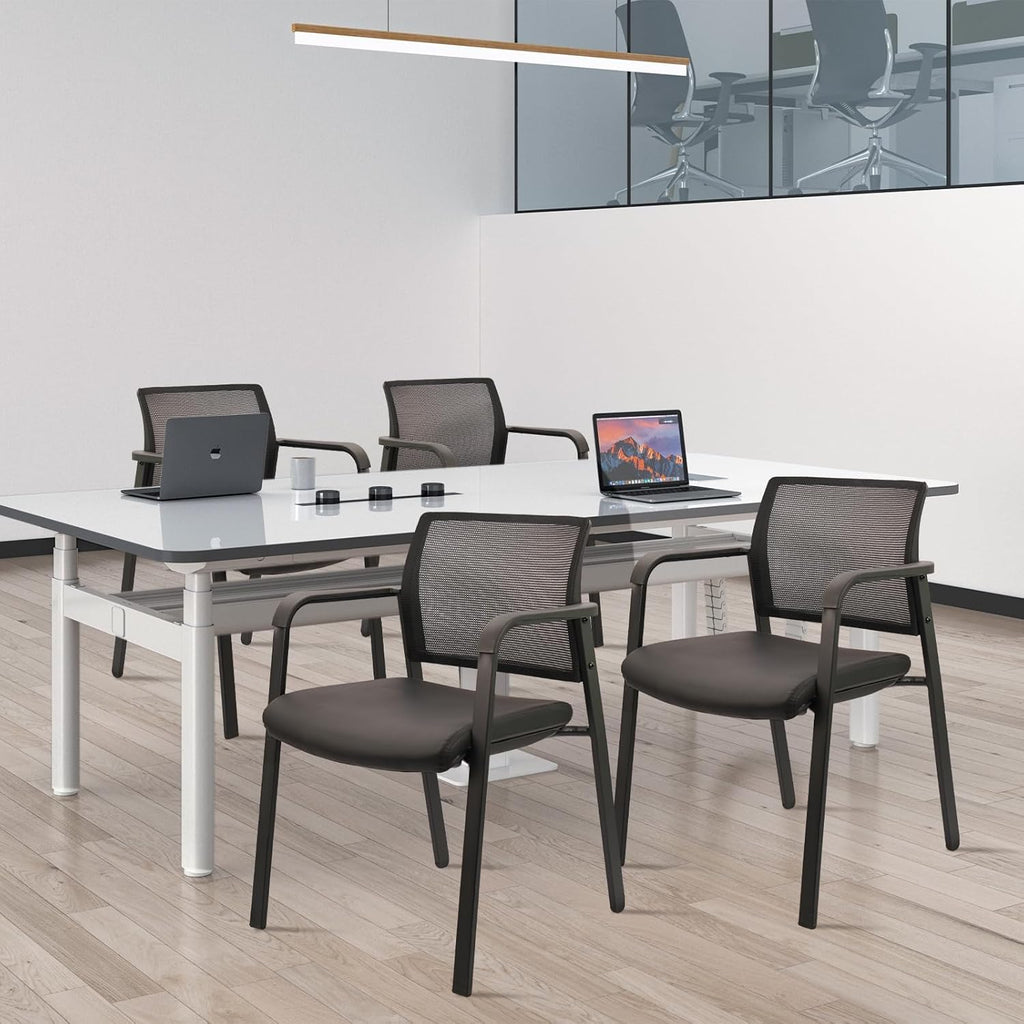 Set of 8, Stackable Office Chair, Mesh Back Guest Chairs with Comfortable Leather Seat Arms Stacking Ergonomic Desk Chair No Wheels for Conference Waiting Reception School Stationary, Black
