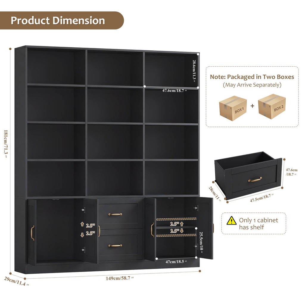 71" Tall Triple Wide Bookshelf with Storage Drawers & Doors, Black
