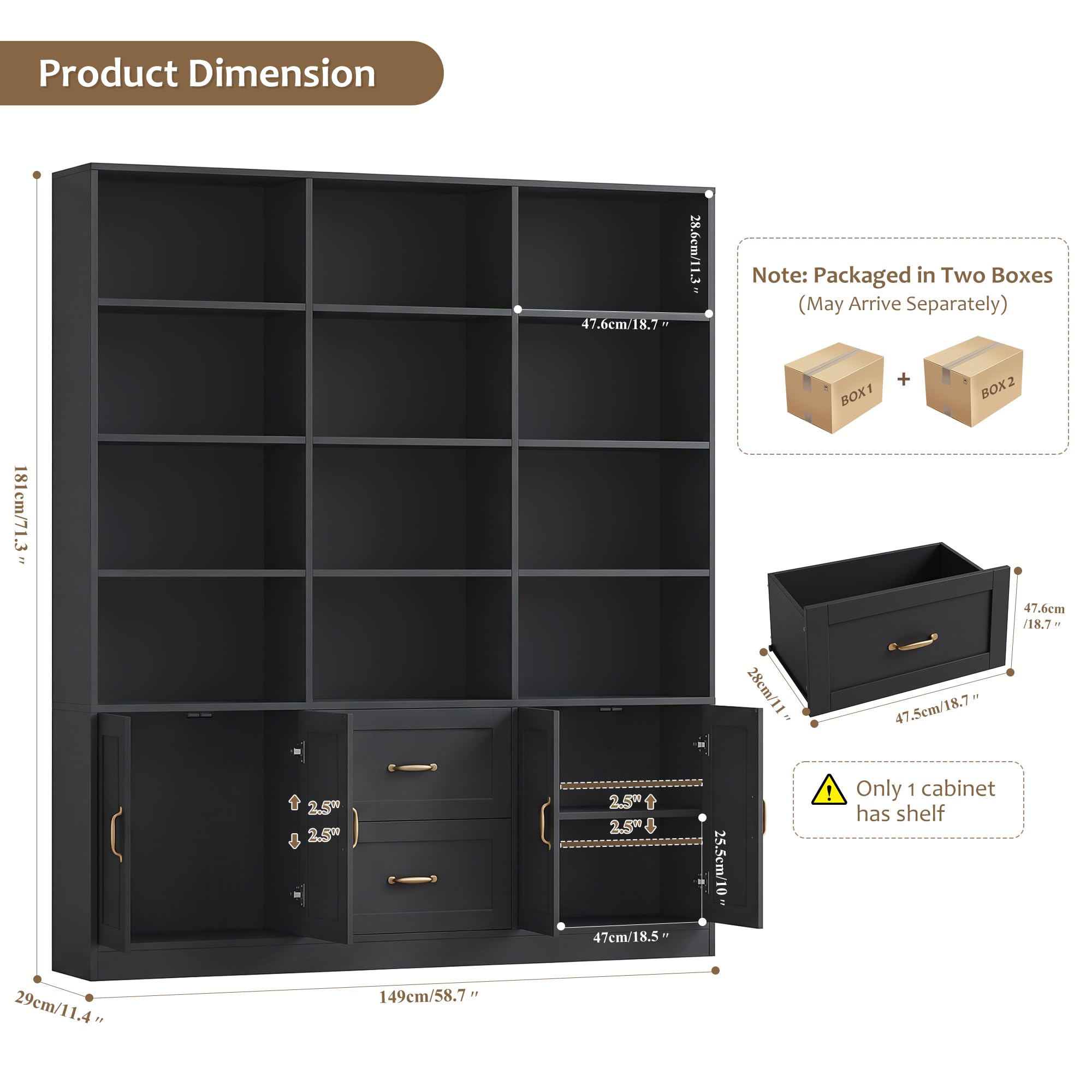 71" Tall Triple Wide Bookshelf with Storage Drawers & Doors, Black