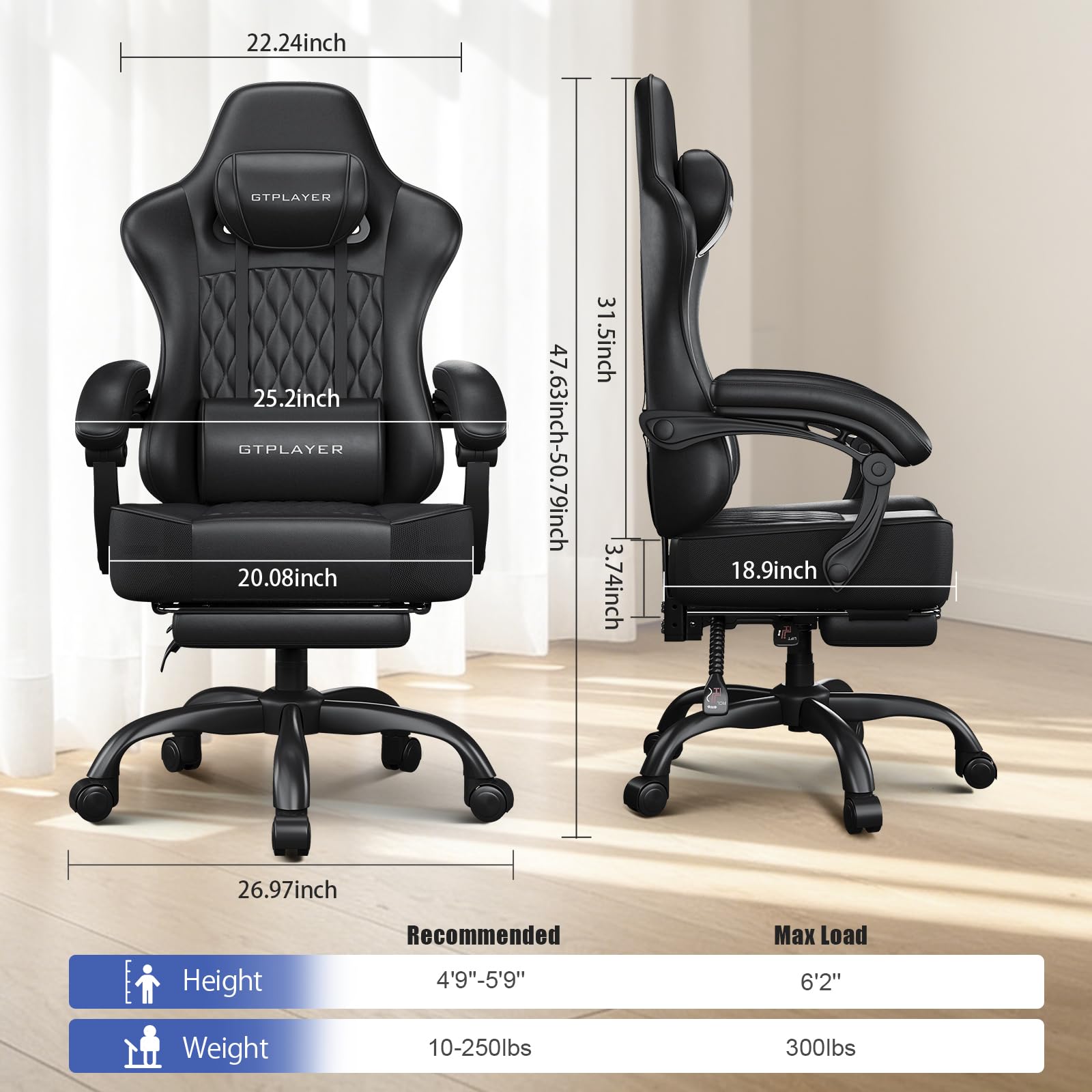 Big and Tall Gaming Chair with Footrest, Ergonomic Office Desk Chair with 4.4in Thick Cushion and Wide Wingless Seat, Comfortable Leather Computer Chair, Predator Series, Satin Black