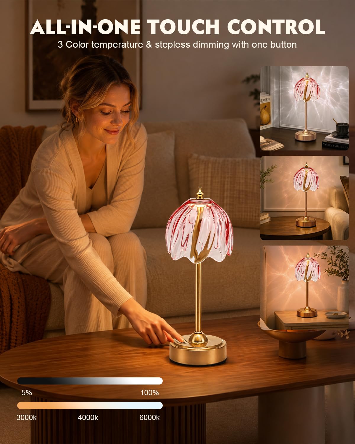 Cordless Flower Table Lamp, 5200mAh Small Rechargeable Touch Lamp