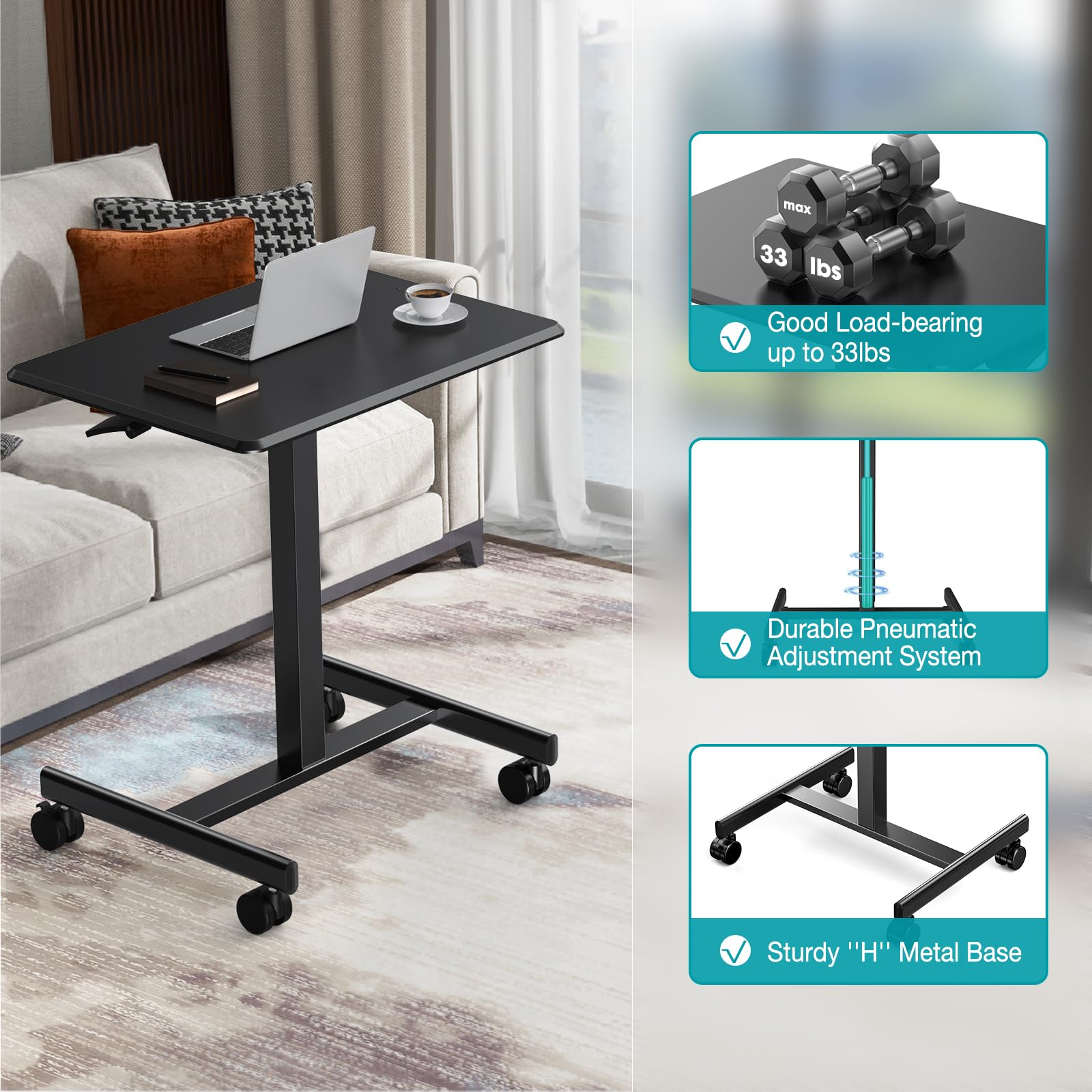 Small Rolling Desk Mobile Standing Portable Laptop PC Table with Wheels, Adjustable Height Computer Workstation for Bedroom Study Use, Space Saving Home Office Desk, Modern Black