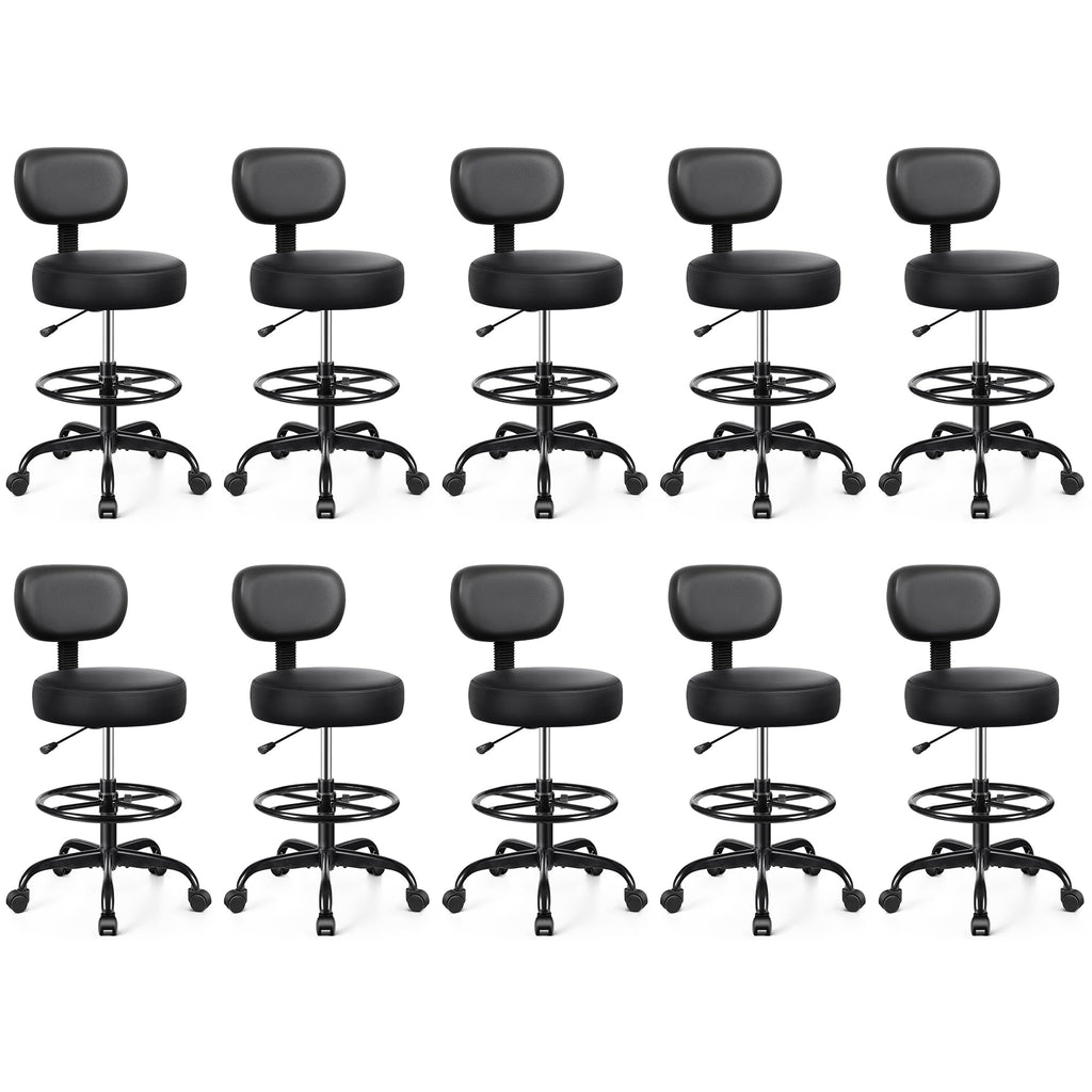 Pack of 10, Drafting Chair with Backrest – Adjustable Foot Rest Rolling Stool with Wheels, PU Leather Swivel Stool for Office Spa Studio Lab Counter Salon Home Work Bar Kitchen Shop(Black)