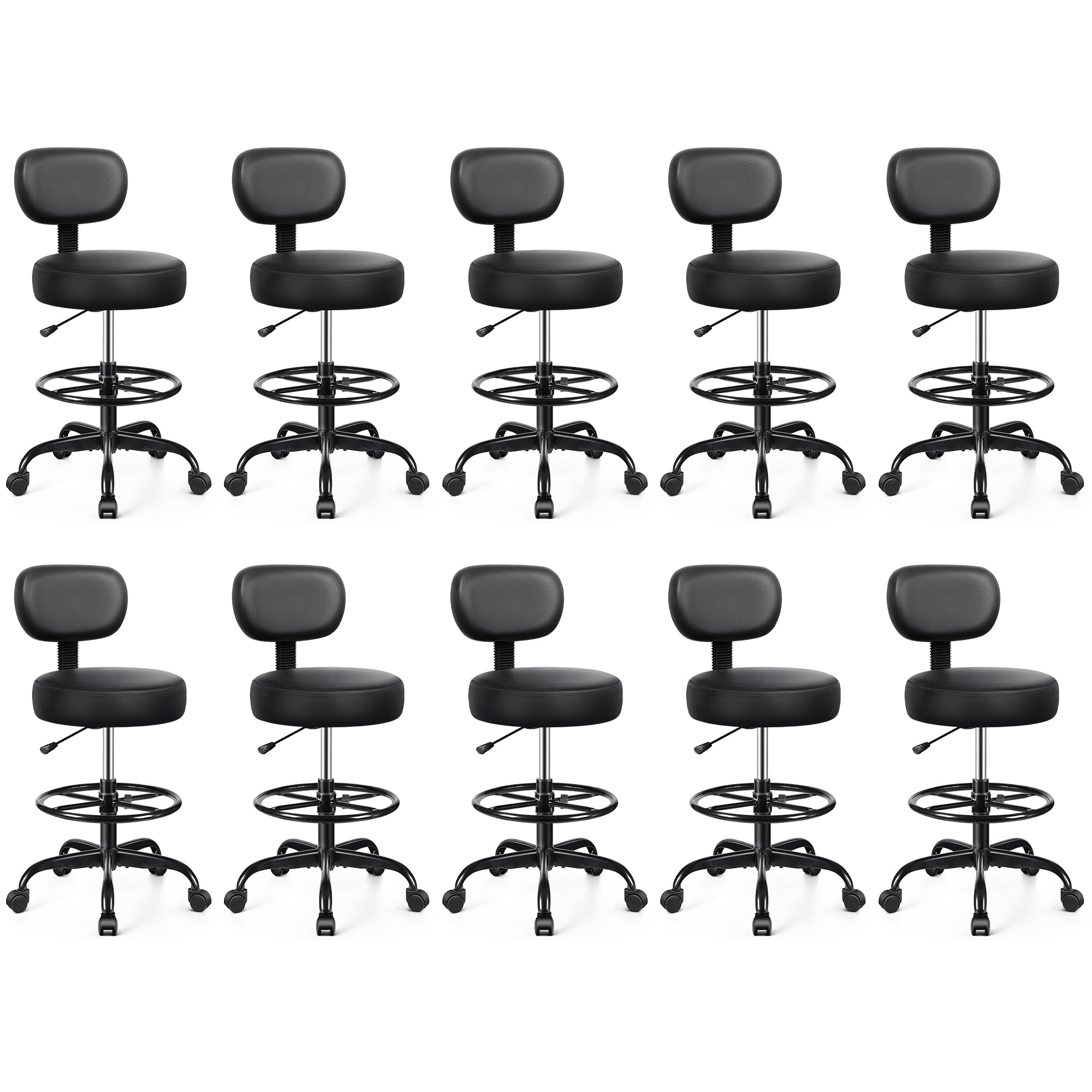 Pack of 10, Drafting Chair with Backrest – Adjustable Foot Rest Rolling Stool with Wheels, PU Leather Swivel Stool for Office Spa Studio Lab Counter Salon Home Work Bar Kitchen Shop(Black)