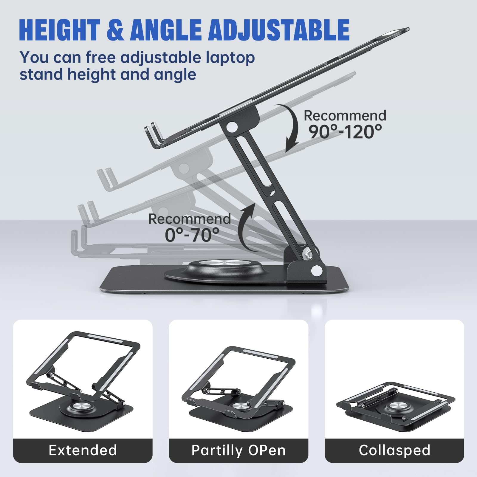Laptop Stand for Desk, Adjustable Computer Stand with 360° Rotating Base, Ergonomic Laptop Riser for Collaborative Work, Foldable & Portable Laptop Stand, fits for All 10-16" Laptops