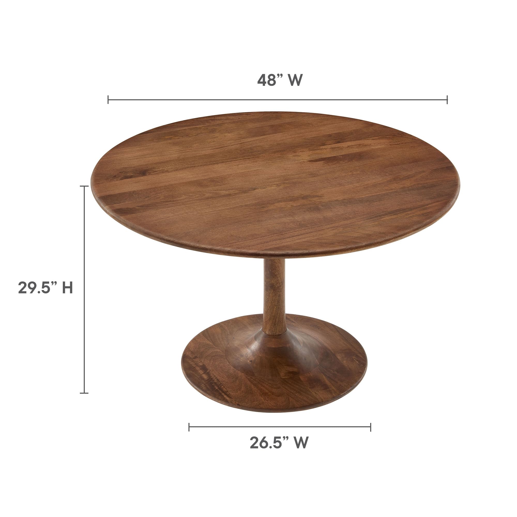 Modway Lippa 48 Inch Round Wood Dining Table in Walnut – Solid Mango Wood Tabletop with Pedestal Base - Mid Century Modern Dining Room Furniture - Kitchen Table for 4-6 Person