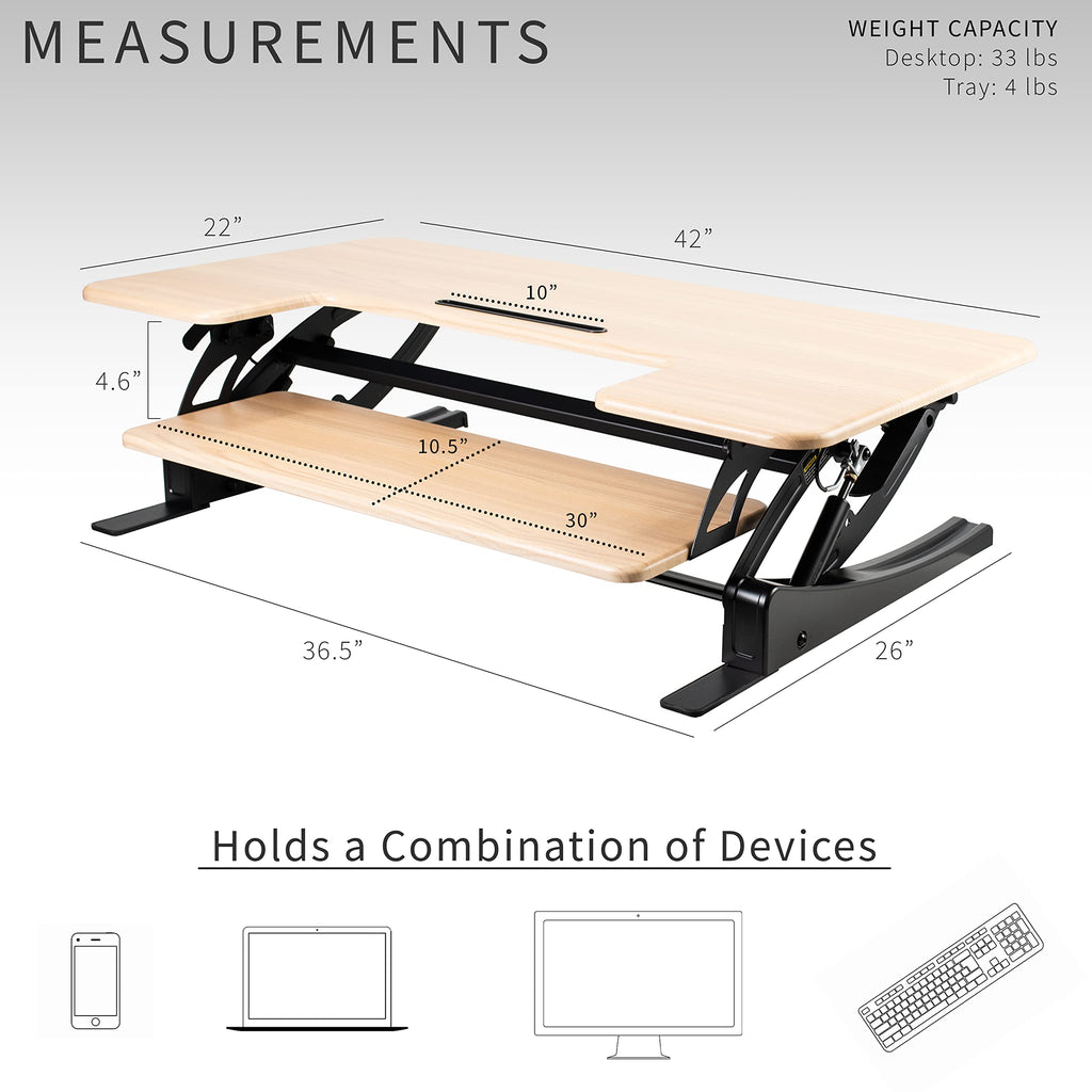 42 inch Height Adjustable Stand Up Desk Converter, V Series, Quick Sit to Stand Tabletop Dual Monitor Riser Workstation, Light Wood Top, Black Frame, DESK-V000VLO