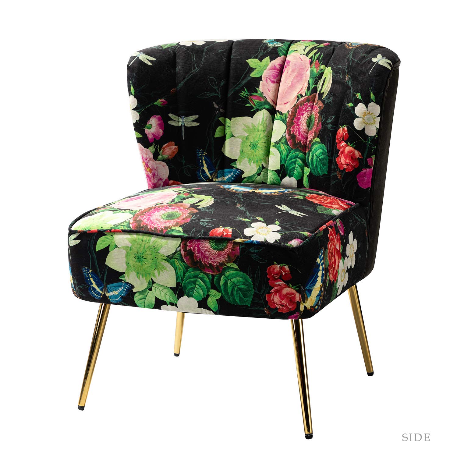 Armless Accent Chair with Gold Metal Legs, Comfy Tufted Floral Fabric Living Room Chair Wingback Small Side Chair, Upholstered Slipper Chair for Bedroom, Reading Room (Print Flower, BLACK)