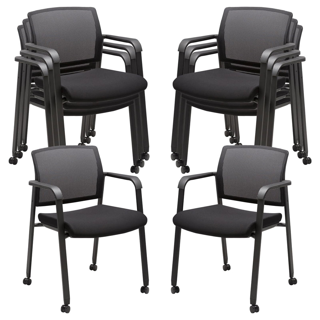 8PK, Mesh Back Guest Reception Arm Chairs with Wheels, Waiting Room Chairs with Upholstered Fabric Seat and Ergonomic Lumbar Support for Office,