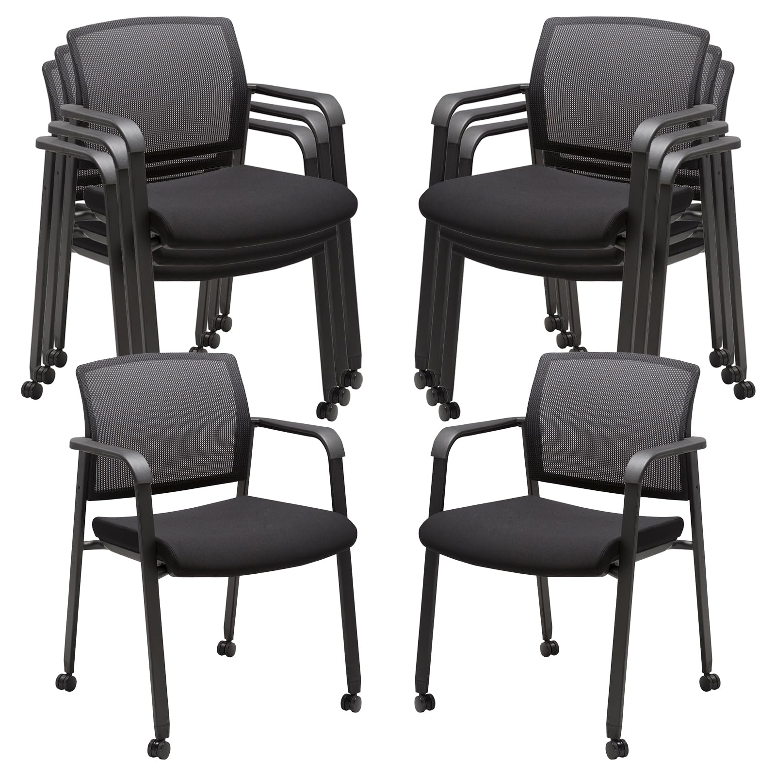 8PK, Mesh Back Guest Reception Arm Chairs with Wheels, Waiting Room Chairs with Upholstered Fabric Seat and Ergonomic Lumbar Support for Office,