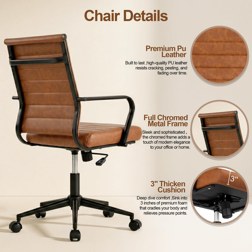 Leather Office Desk Chair, Mid-Century Modern Leather Conference Room Chairs, Ergonomic Executive Ribbed Height Adjustable Swivel Rolling Chair for Home Office.