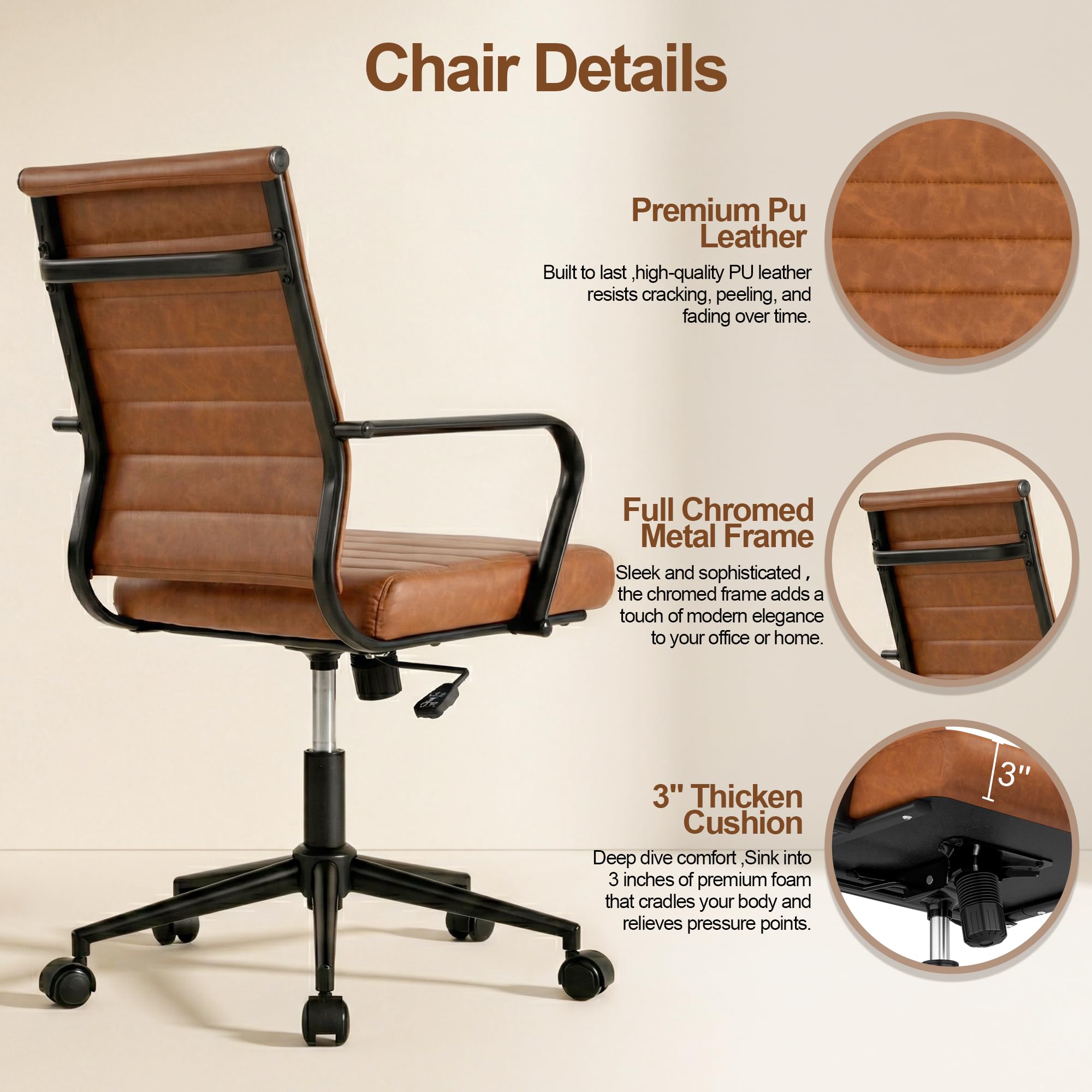 Leather Office Desk Chair, Mid-Century Modern Leather Conference Room Chairs, Ergonomic Executive Ribbed Height Adjustable Swivel Rolling Chair for Home Office.