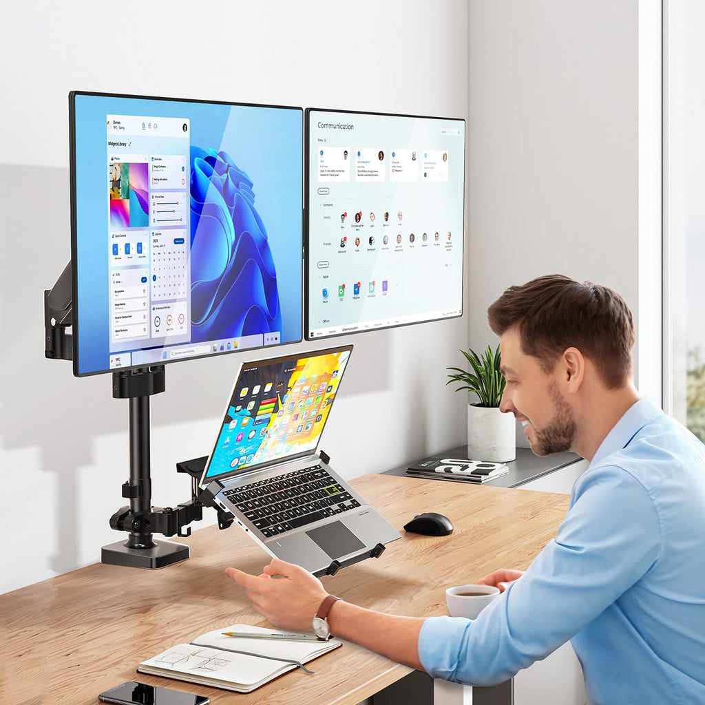 Triple Arm Laptop and Dual Monitor Desk Mount for 17" Notebook and Up to 32" Screens, Adjustable Monitor Arms with Tilt Swivel Rotation, VESA 75x75 100x100, Black