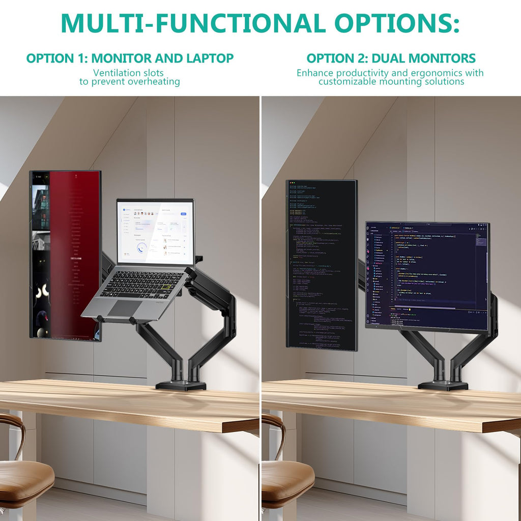 Laptop Desk Mount, Dual Monitor Arm with Laptop Holder, Adjustable Height Laptop Arm Mount for Desk, Fits 17” Notebook and 32” Monitors, Up to 22Lbs, Black