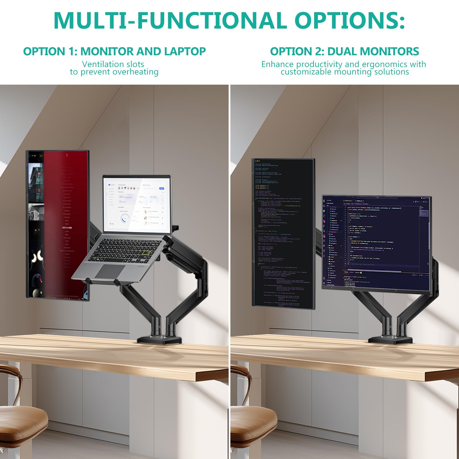 Laptop Desk Mount, Dual Monitor Arm with Laptop Holder, Adjustable Height Laptop Arm Mount for Desk, Fits 17” Notebook and 32” Monitors, Up to 22Lbs, Black