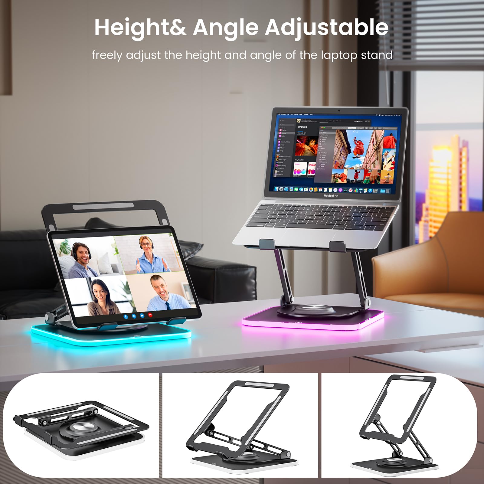 RGB Laptop Stand for Desk, Adjustable Ergonomic Laptop Riser with 360° Rotating Base, Foldable & Portable Computer Stand, Suitable for All 10-16” Laptops