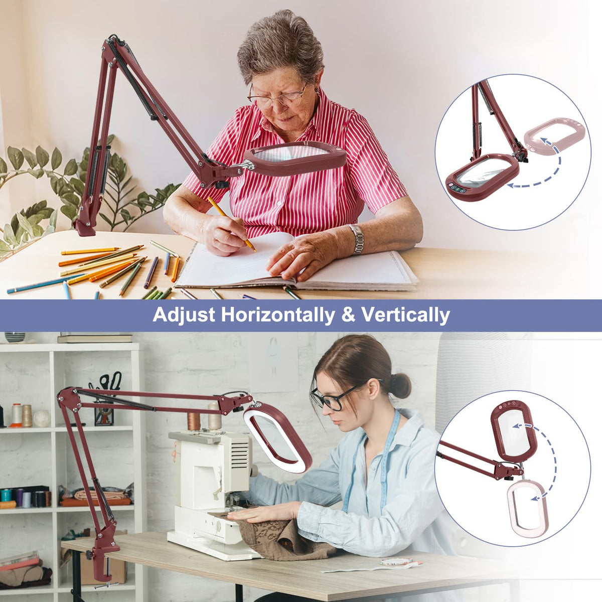 14.35" Large Magnifying Glass with Light and Clamp, Real Glass, 5 Color Modes, Stepless Dimmable, Lighted Magnifier with Stand Hands Free, LED Swing Arm Desk Lamp for Close Work, Craft, Red