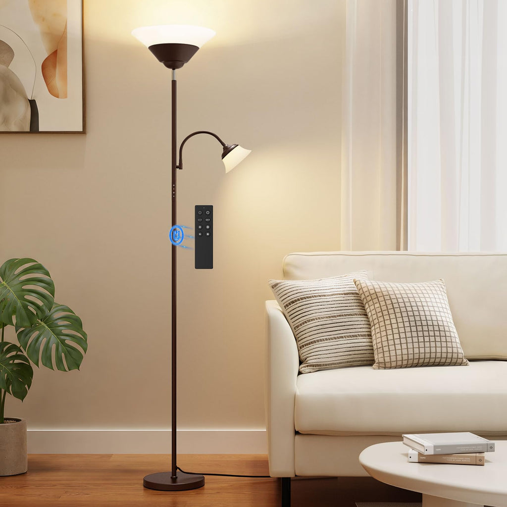 2-in-1 Torchiere Floor Lamp, 34W Super Bright LED Standing Lamp with Remote & Touch Control, 72" Dimmable Adjustable Corner Reading Lamp for Living Room, Bedroom, Office, Brown