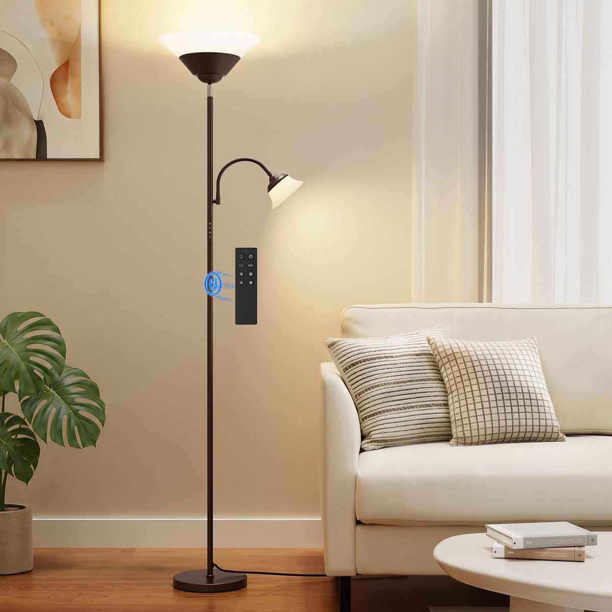 2-in-1 Torchiere Floor Lamp, 34W Super Bright LED Standing Lamp with Remote & Touch Control, 72" Dimmable Adjustable Corner Reading Lamp for Living Room, Bedroom, Office, Brown