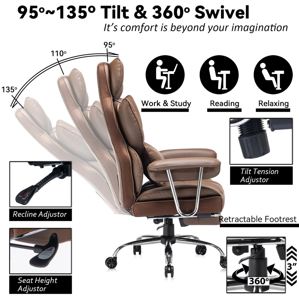 Big and Tall Office Chair 400lbs – High Back Executive Chair with Swivel Base, PU Leather Upholstery, Lumbar Pillow, Padded Armrests, and Rolling Wheels，Brown Computer Chair