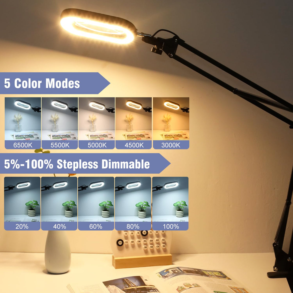 30X 10X Large Magnifying Glass with Light and Clamp, Real Glass, 5 Color Modes, Stepless Dimmable, Lighted Magnifier with Stand Hands Free, LED Swing Arm Desk Lamp for Close Work, Craft, Painting