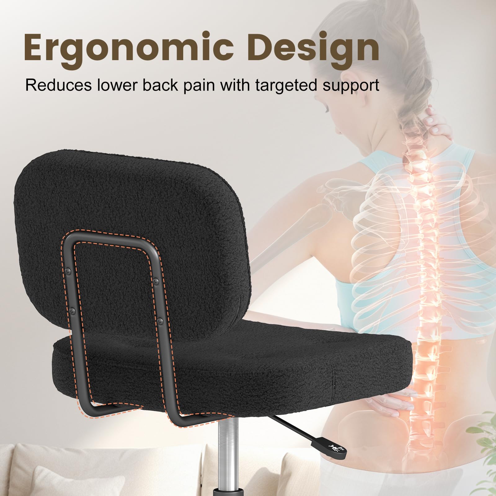 Teddy Fleece Office Chair Black Armless Swivel Task Chair with Adjustable Height & 360° Wheels for Home Office Study