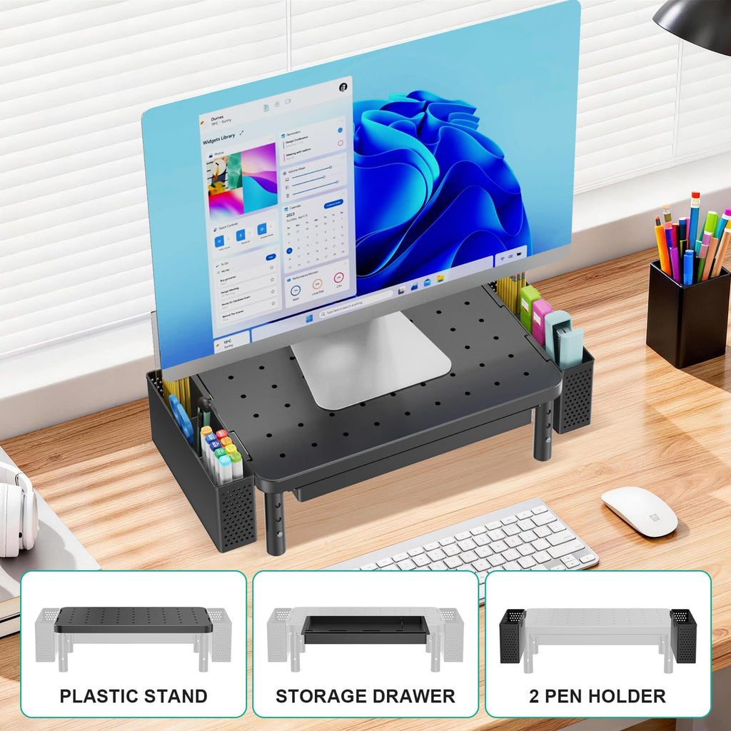 Computer Monitor Stand with Storage, Desk Organizer with Drawer and Pen Holder, Desk Monitor Riser 3 Height Adjustable, Laptop Riser for Computer, Laptop, Printer(PTT003-B), 1 Pack, Black