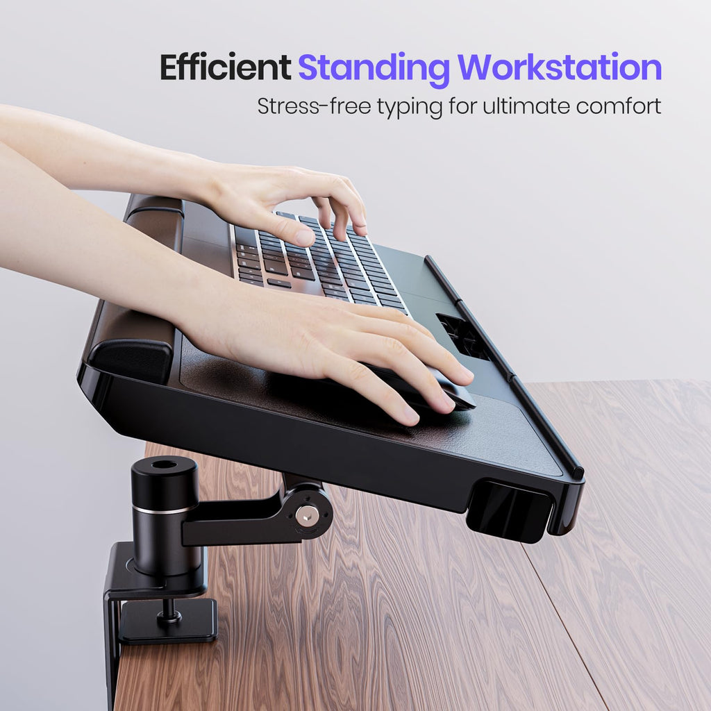 Upgraded Adjustable Keyboard Tray for Above Desk & Under Desk Use - Ergonomic Sit-Stand Keyboard Riser with 360° Rotation, 24.4"×10" Keyboard Stand with Wrist Rest & Storage Drawer - Black